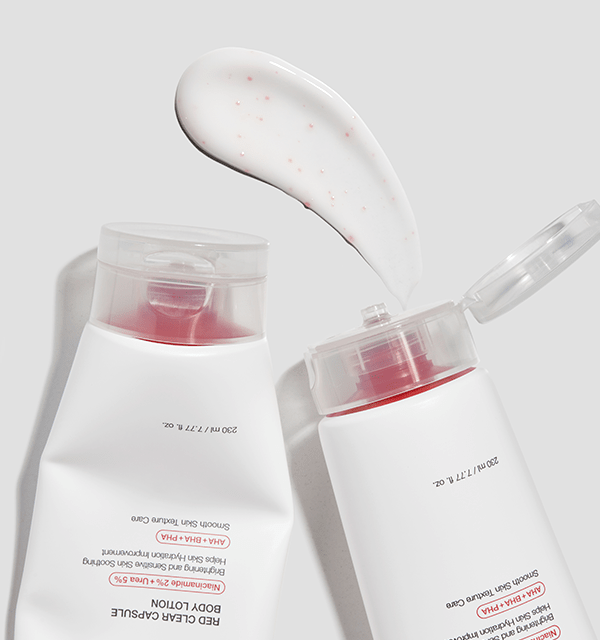 medicube Red Clear Capsule Body Lotion 230ml with smooth texture and visible red capsules on creamy white lotion surface