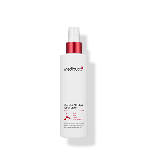 medicube Red Clear Cica Body Mist 200ml in white bottle with red spray cap for clear skin care benefits
