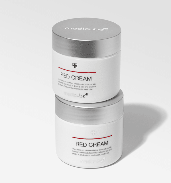 medicube Red Cream 2.0 50ml in white jars with silver lids promoting deep moisturization and skin hydration