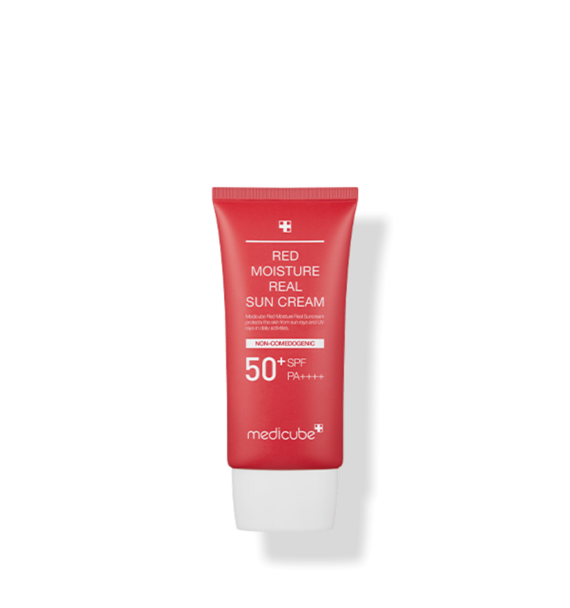 medicube Red Moisture Real Sun Cream 50ml in red tube with white cap featuring SPF 50+ for daily skin protection