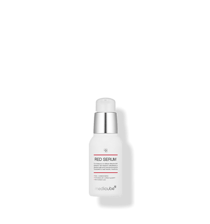 medicube Red Serum 2.0 30ml in white bottle with silver pump designed with hypoallergenic formulation benefits