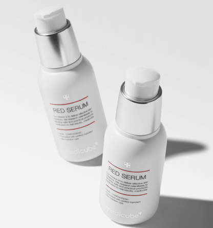 medicube Red Serum 2.0 30ml in white bottles with silver pump caps featuring hypoallergenic formula for sensitive skin care