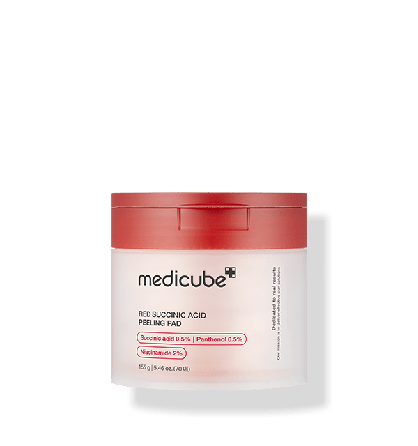 medicube Red Succinic Acid Peeling Pad 155g/70pads in white jar with red lid for acne relief and exfoliation