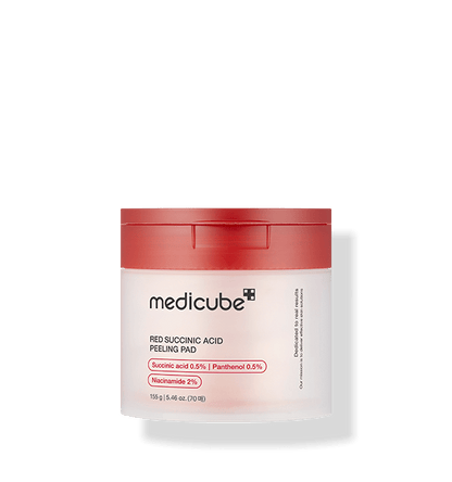 medicube Red Succinic Acid Peeling Pad 155g/70pads in white jar with red lid for acne relief and exfoliation