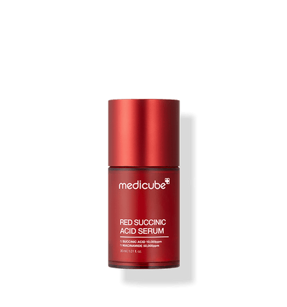 medicube Red Succinic Acid Serum 30ml in sleek red bottle for effective acne relief treatment