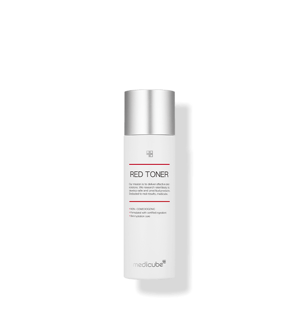 medicube Red Toner 2.0 100ml in white bottle with silver cap for gentle acne treatment and soothing skin care benefits
