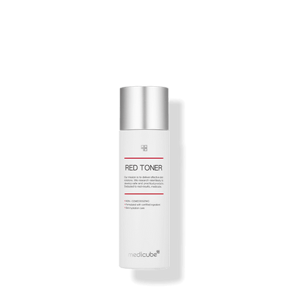 medicube Red Toner 2.0 100ml in white bottle with silver cap for gentle acne treatment and soothing skin care benefits