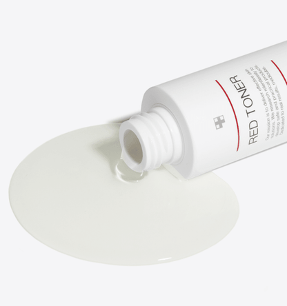medicube Red Toner 2.0 100ml with clear liquid flowing from white bottle for acne treatment care