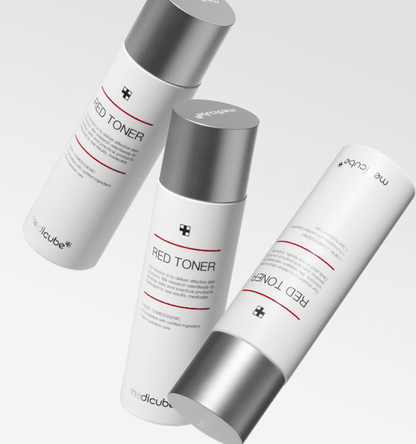 medicube Red Toner 2.0 100ml bottles with silver caps displaying acne treatment formula on clean white background