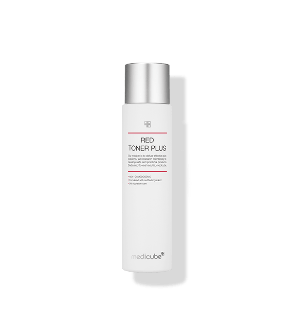medicube Red Toner Plus 2.0 200ml in white bottle with silver cap featuring hypoallergenic skincare formula
