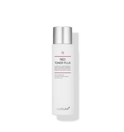 medicube Red Toner Plus 2.0 200ml in white bottle with silver cap featuring hypoallergenic skincare formula
