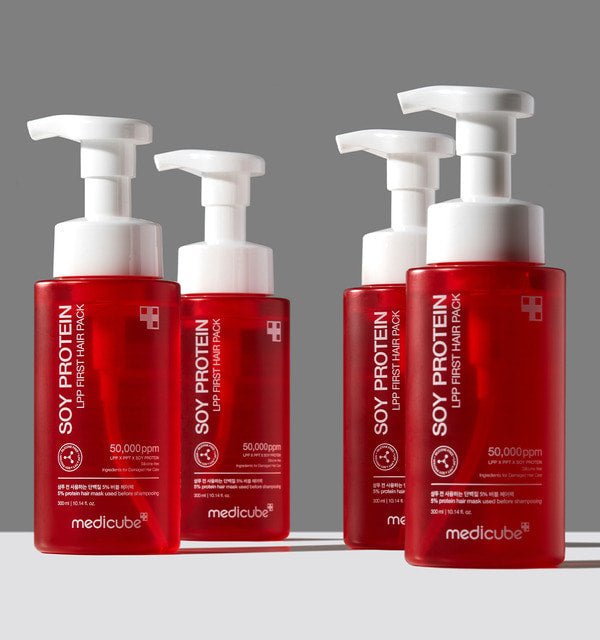 medicube Soy Protein Lpp First Hair Pack 300ml in red pump bottles highlighting professional treatment benefits