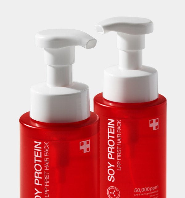 medicube Soy Protein Lpp First Hair Pack 300ml red bottles with white pump for professional hair treatment