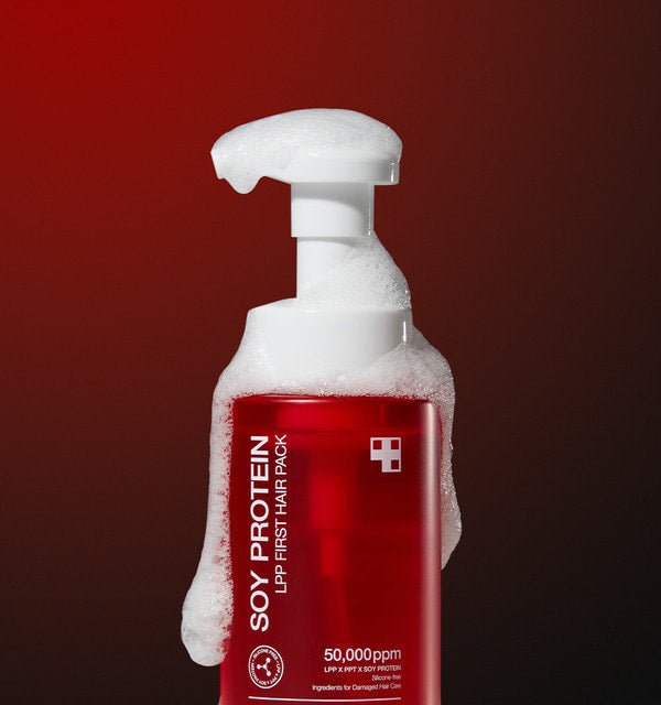 medicube Soy Protein Lpp First Hair Pack 300ml red bottle with white pump dispensing foamy treatment for professional hair care