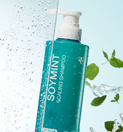 medicube SOYMINT Scaling Shampoo 490ml bottle with water droplets and mint leaves highlighting effective dandruff relief