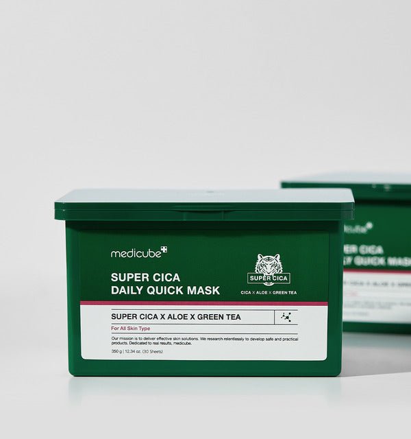 medicube Super Cica Daily Quick Mask 350g/30ea in green box offering quick soothing with cica, aloe, and green tea ingredients