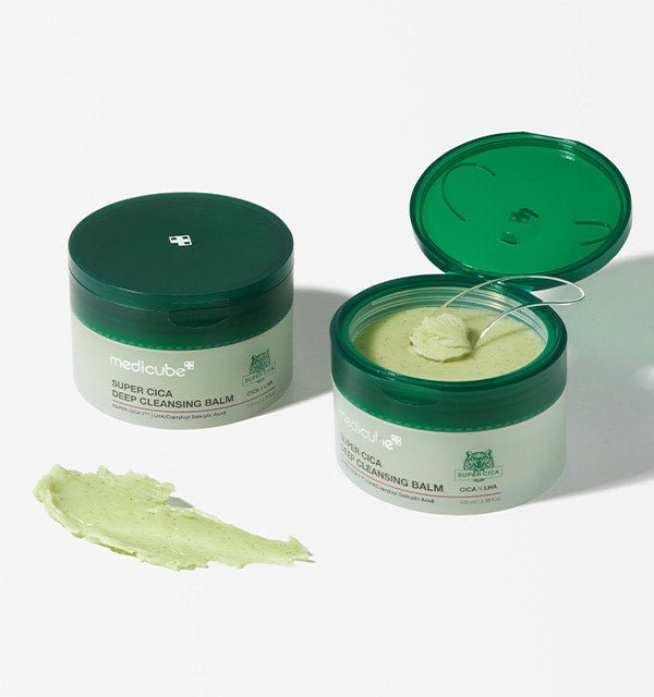 medicube Super Cica Deep Cleansing Balm 100ml in green jar with spatula and smooth balm texture for thorough cleansing