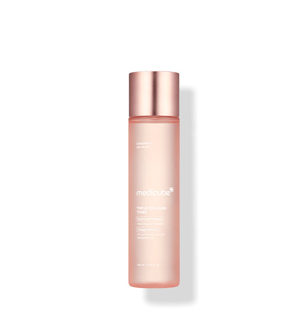 medicube Triple Collagen Toner 4.0 140ml in frosted pink bottle with rose gold cap for deep hydration