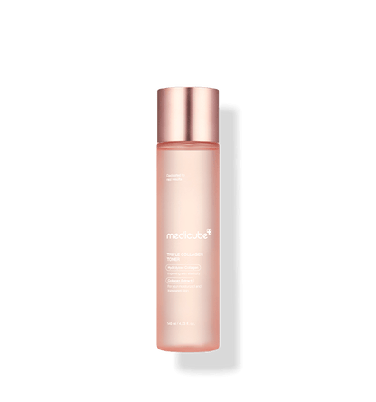 medicube Triple Collagen Toner 4.0 140ml in frosted pink bottle with rose gold cap for deep hydration