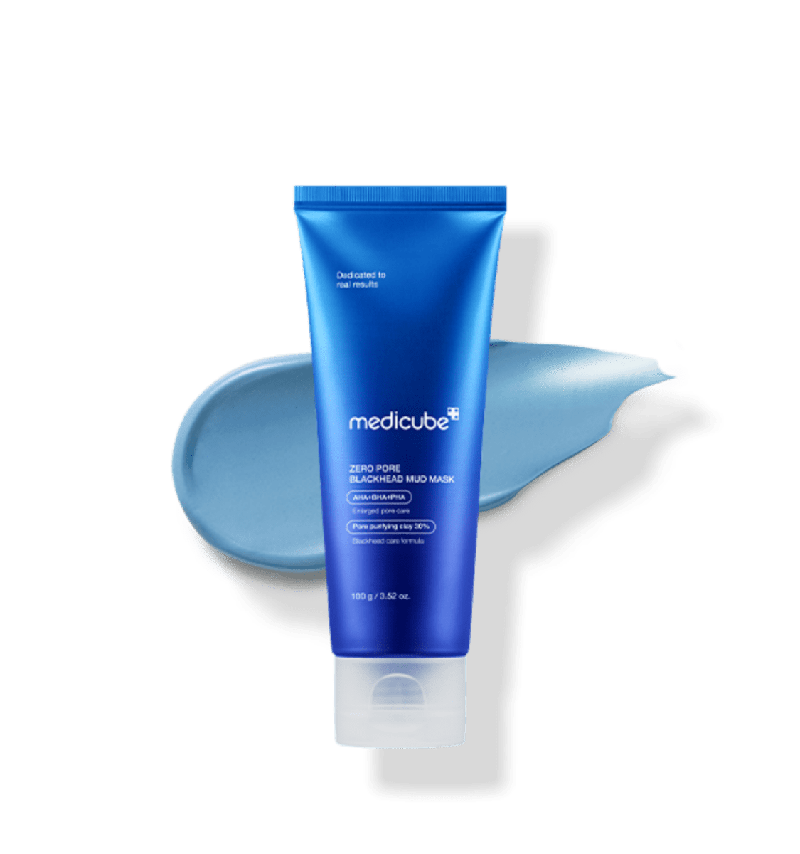 medicube Zero Pore Blackhead Mud Mask 100g in blue tube with creamy light blue mud texture for deep cleansing