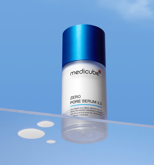 medicube Zero Pore Serum 2.0 37ml in white bottle with blue cap and serum droplets highlighting pore-tightening care