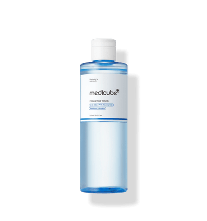 medicube Zero Pore Toner 250ml in clear blue bottle for deep hydration and pore refining skincare routine