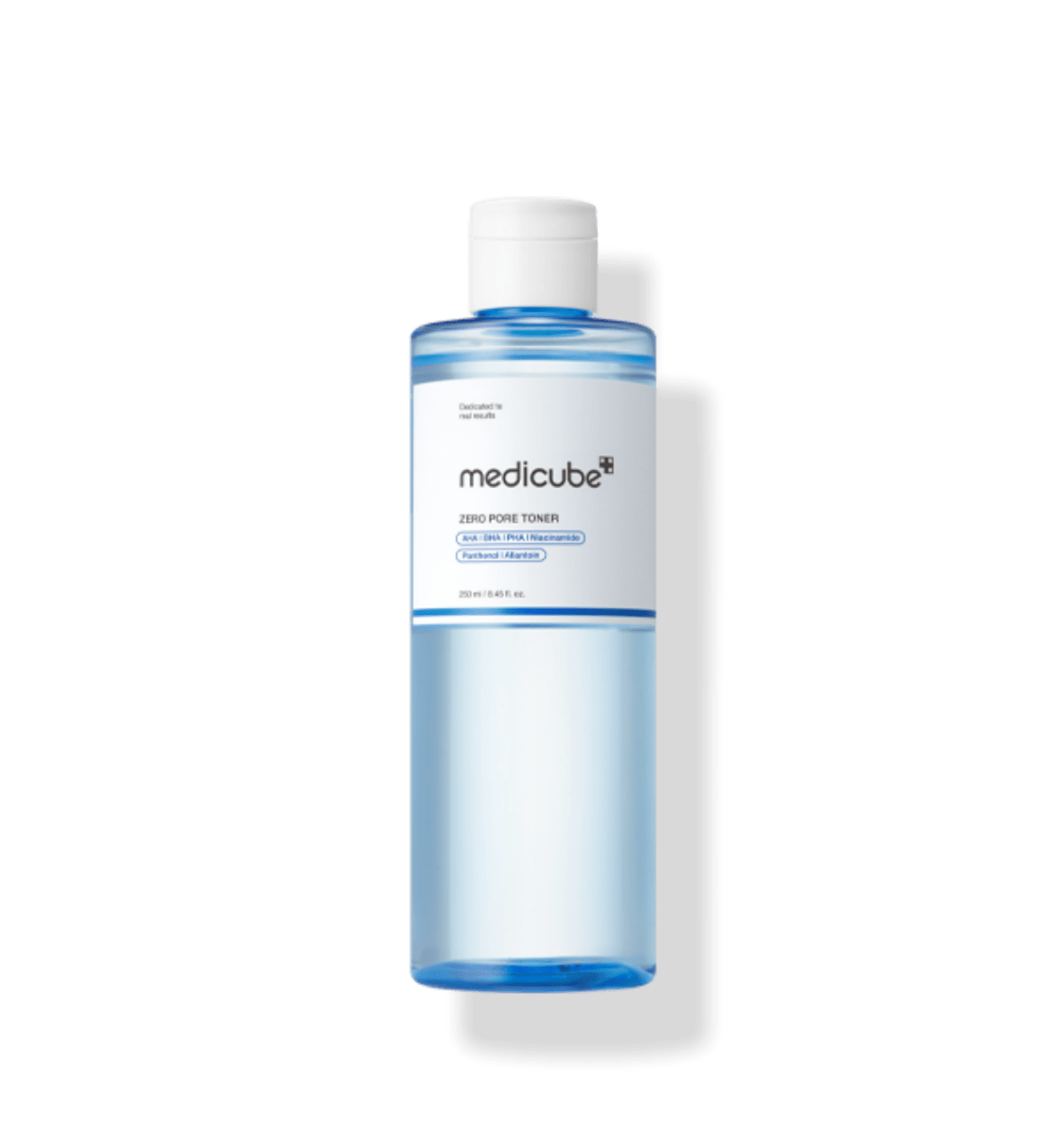 medicube Zero Pore Toner 250ml in transparent blue bottle offering deep hydration and pore care benefits