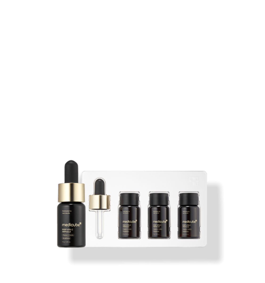 medicube Deep Vita C Ampoule 2.0 (10g x 3ea) set with dark brown bottles and gold-accented dropper for brightening