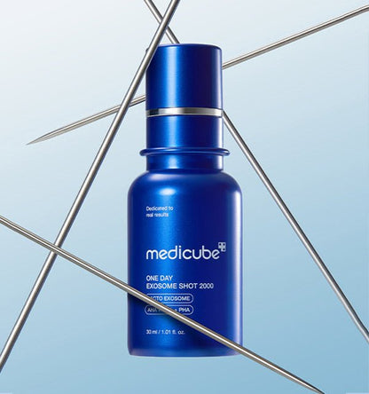 medicube One Day Exosome Shot Pore Ampoule 7500 30ml in sleek blue bottle for pore tightening skincare