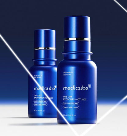 medicube One Day Exosome Shot Pore Ampoule 7500 30ml blue bottles highlighting pore tightening benefits