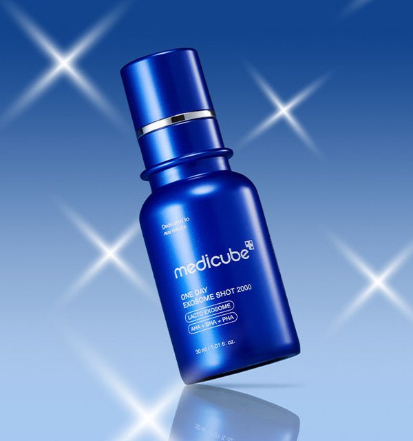 medicube One Day Exosome Shot Pore Ampoule 7500 30ml in metallic blue bottle highlighting pore tightening care