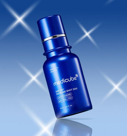 medicube One Day Exosome Shot Pore Ampoule 7500 30ml in metallic blue bottle highlighting pore tightening care