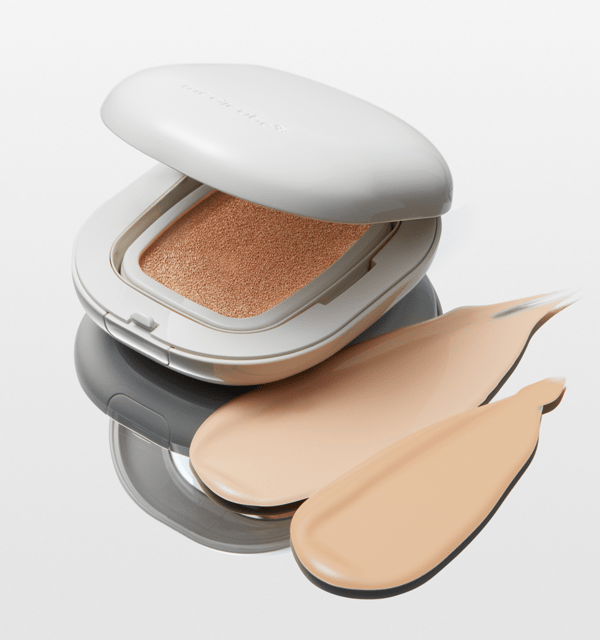 medicube Pro Glutathione Velvet Cushion SPF50+ 15g with smooth beige foundation swatches for strong coverage