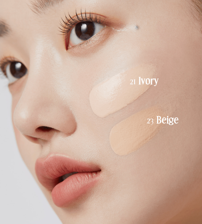 medicube Pro Glutathione Velvet Cushion SPF50+ 15g showing two strong coverage shade swatches Ivory and Beige on cheek
