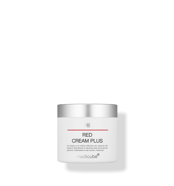 medicube Red Cream Plus 2.0 100ml in white jar with silver lid featuring a hydrating formula for skin care