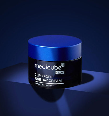 medicube Zero Pore One Day Cream 50ml in dark jar with blue lid highlighting pore tightening benefits