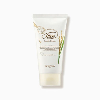 White scrub foam tube with rice grain and stalk illustration emphasizing gentle exfoliation benefits