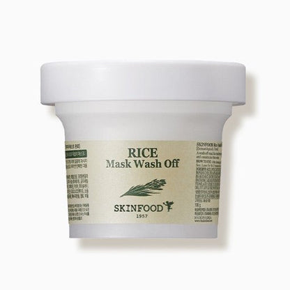White jar of rice mask wash off with minimalist label emphasizing brightening skincare benefits
