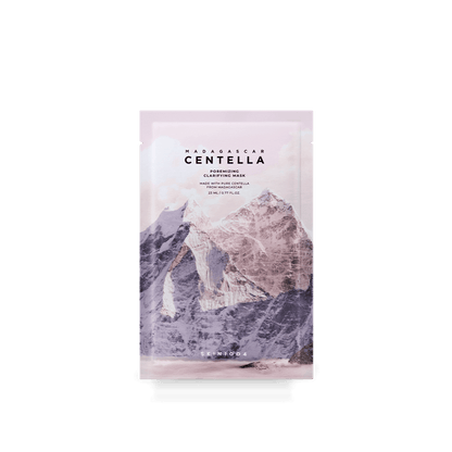 Single-use pink sachet of pore tightening clarifying mask featuring a mountain design on front packaging