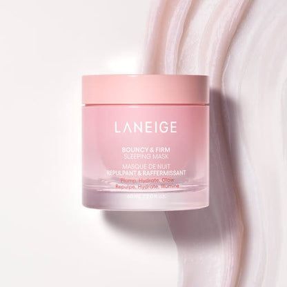 LANEIGE Bouncy & Firm Face Sleeping Mask 60ml in a pink jar with smooth creamy texture for wrinkle reduction and hydration