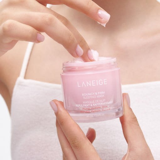 LANEIGE Bouncy & Firm Face Sleeping Mask 60ml in pink jar with creamy texture for wrinkle reduction and hydration