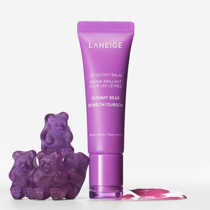 LANEIGE Lip Glowy Balm 10g in purple tube with gummy bear accents highlighting rich moisture benefits