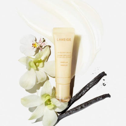 LANEIGE Lip Glowy Balm 10g with rich moisture, vanilla scent, surrounded by vanilla flowers and pods on white background