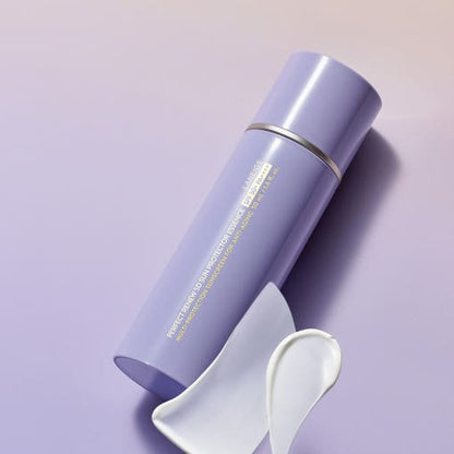 LANEIGE Perfect Renew 5D Sun Protector Essence SPF50+PA++++ 50ml in lavender bottle with white cream on spatula
