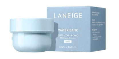 LANEIGE Water Bank Blue Hyaluronic Cream Moisturizer (Refill) 50ml in light blue jar with intense hydration formula and matching box