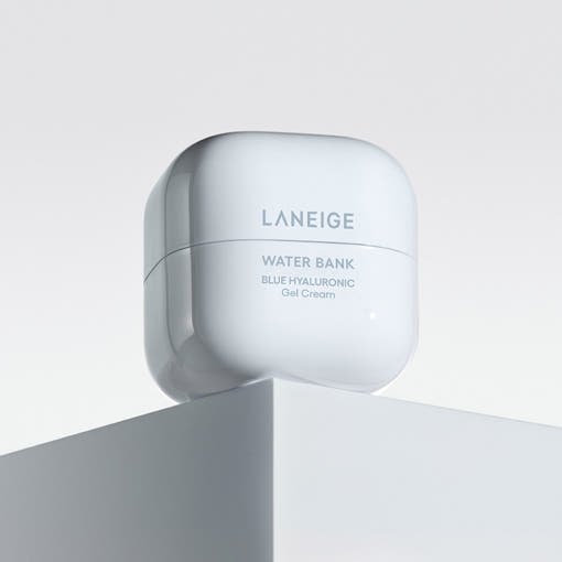 LANEIGE Water Bank Blue Hyaluronic Gel Cream 20ml in a sleek white jar offering long-lasting hydration for skin care