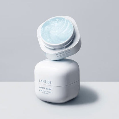 LANEIGE Water Bank Blue Hyaluronic Gel Cream 20ml open jar revealing light blue gel with hydration benefits
