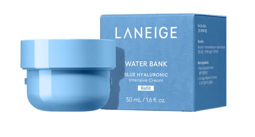 LANEIGE Water Bank Blue Hyaluronic Intensive Cream (Refill) 50ml in blue refill container with matching box showing barrier strengthening benefits