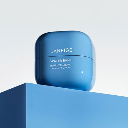 LANEIGE Water Bank Blue Hyaluronic Intensive Cream 20ml in sleek blue container with deep hydration formula on soft gray background