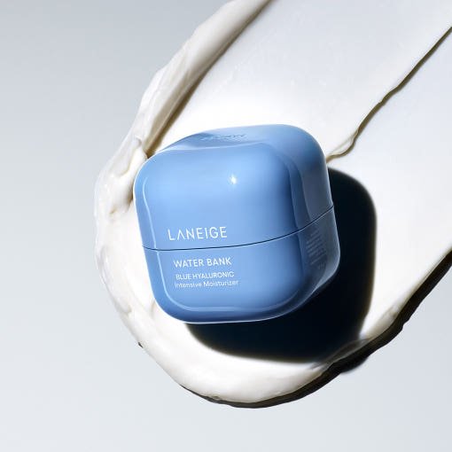 LANEIGE Water Bank Blue Hyaluronic Intensive Cream 20ml in blue container on creamy white moisturizer background